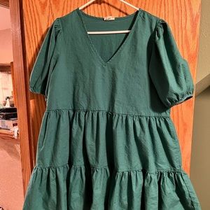 Women’s Linen-Feel Casual Tiered Flowy V-Neck Dress with Puff Sleeves Size L